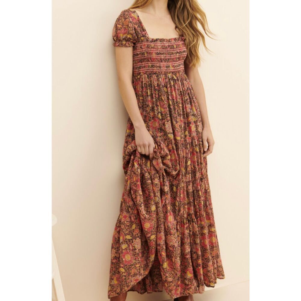 Free People Orange Red Smocked Tiered Maxi Dress